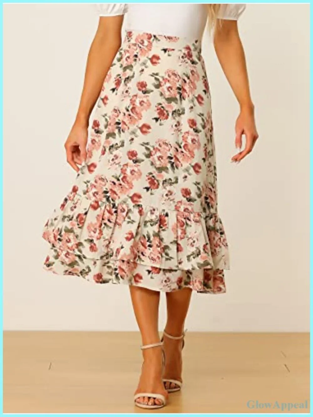 High Waist Floral Chiffon Ruffle Midi Skirt, Layered High Low Flowy with Hidden